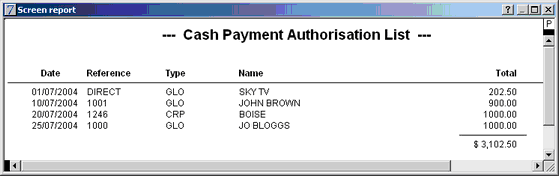 cash payment authorisation report